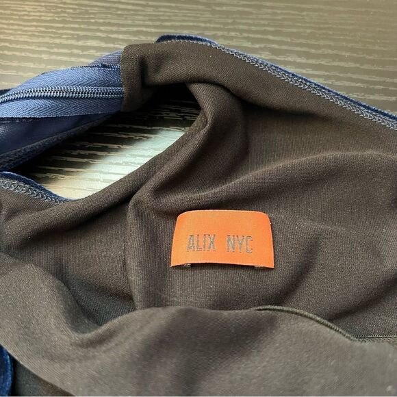 ✨ Alix Nyc Midnight Blue Velvet Asymmetric Mockneck Thong Carmine Bodysuit Small - Picture 9 of 13